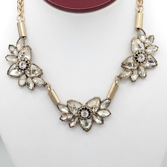 Express Floral Gold Tone Necklace Prong Set Cabochons Crystal Accents 16" - Picture 2 of 9